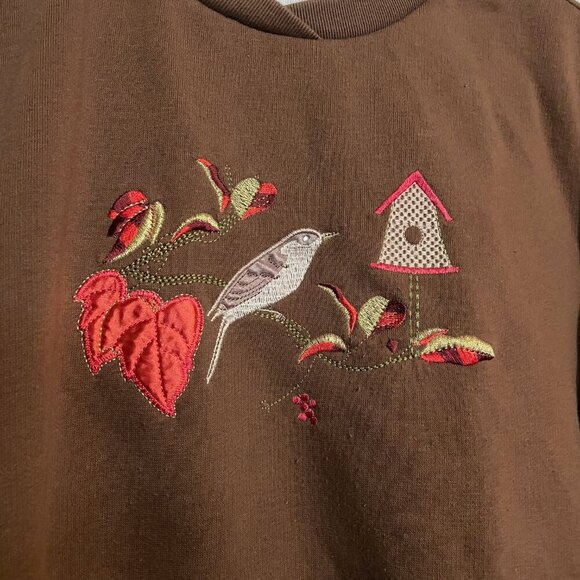 Studio Works Crewneck Sweater Layered Neckline Bird Design Brown Size Petite M - Picture 2 of 4